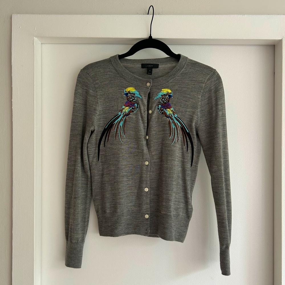 J. Crew 100% merino wool cardigan with bird accents